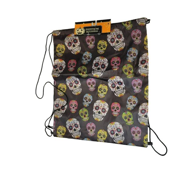 NWT Drawstring Bag Back Pack Sugar Skulls Day Of The Dead Calavera Halloween NEW - Picture 1 of 3